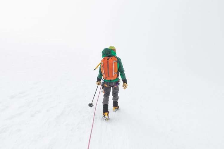 person holding ski pole on snow covered atmosphere